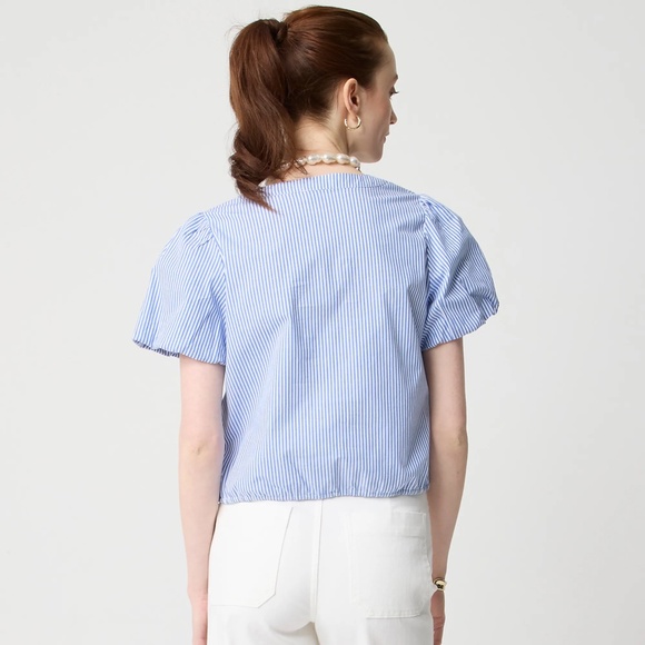 New J.CREW Size XS Striped Puff Sleeve Tie Waist Top Banker Blue $79 CK751 - Picture 3 of 7